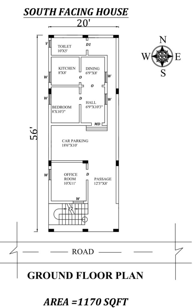 20X56 South Facing house plan