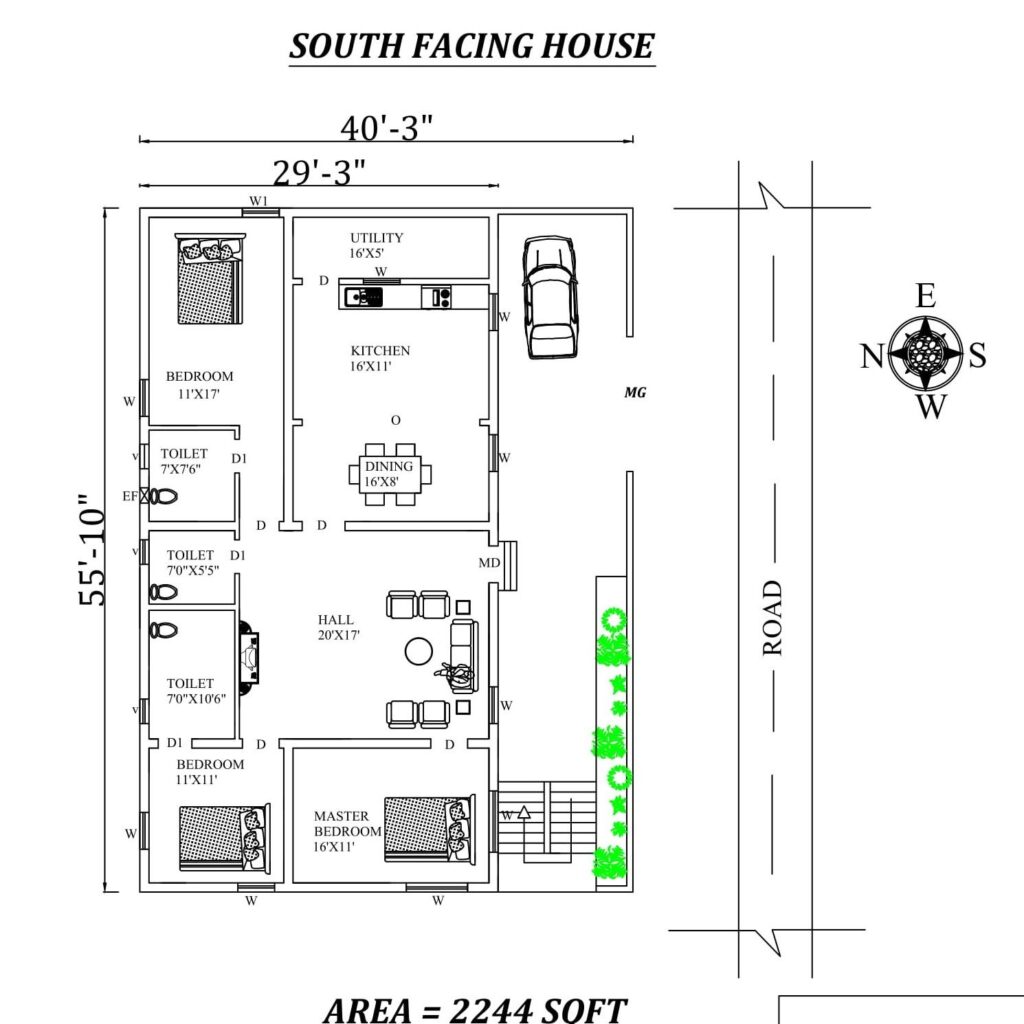 40-3X55-10 SOUTH FACING HOUSE PLAN