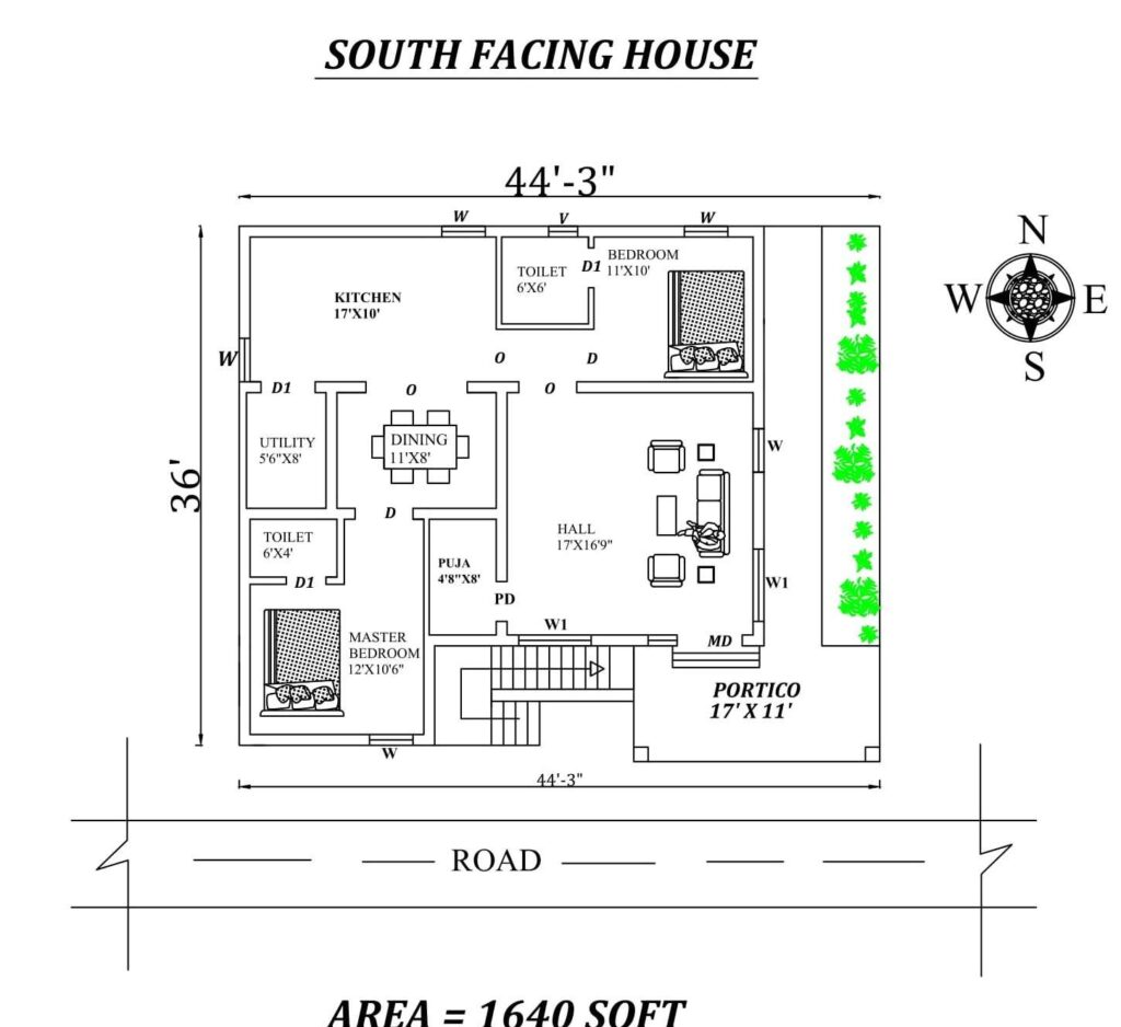 44X36 SOUTH FACING HOUSE PLAN
