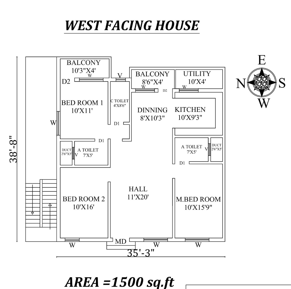 38'-8" x 35'-3" West Facing house plan